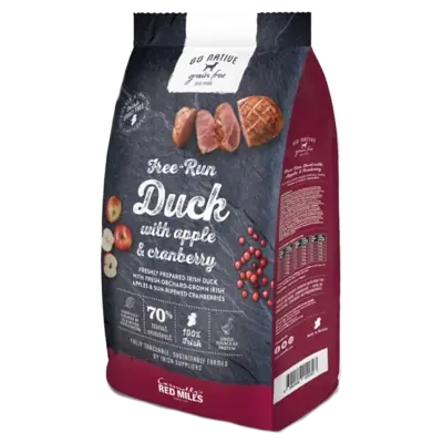 a bag of go native duck with hand-picked apples and cranberries