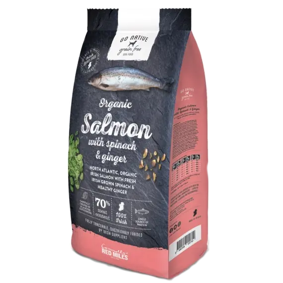 a bag of go native dog food with salmon, spinach and ginger